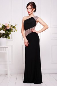 Черное вечернее платье в пол с открытым плечом Юна Lenida