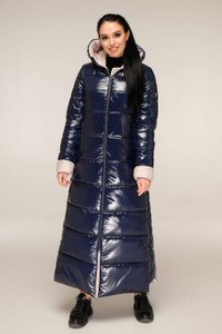 Зимове синє довге жіноче пальто В-1202 лак Favoritti